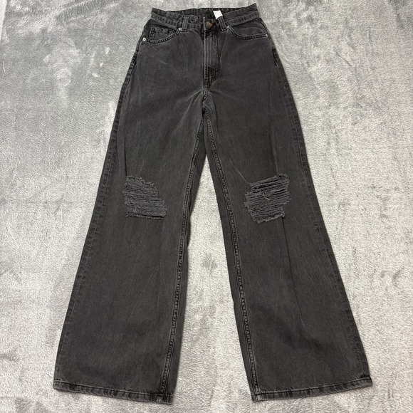 Divided Denim - H&M Divided Womens Gray Distressed Wide Leg Jeans Size 4 EU36 Black Denim‎